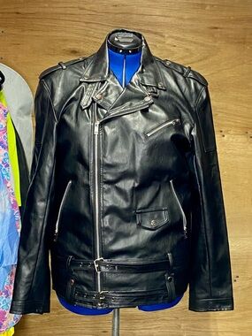 Mens Faux Leather Zipper Motorcycle Jacket  Large